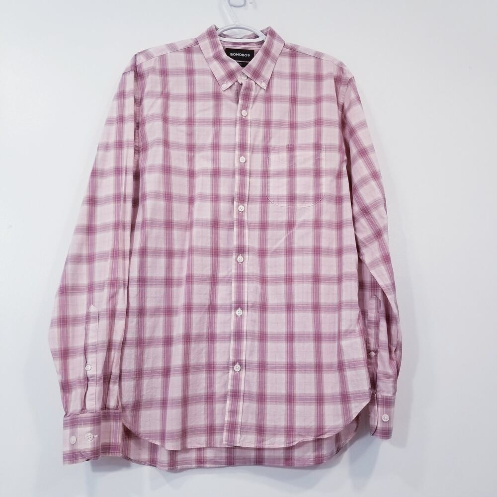 BONOBOS Pink Plaid Button Down Shirt Collared Long Sleeves Men Large Slim Fit